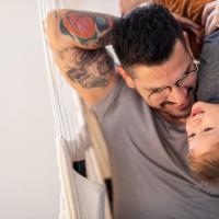 Father and toddler son playing. 