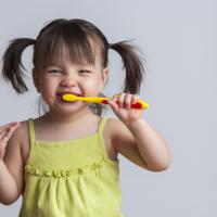 Toddler girl brushing her teeth.