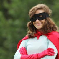 young woman with red super heros kit smiling 