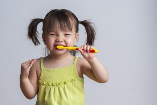 Toddler girl brushing her teeth.