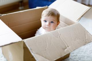 Baby playing in a cardboard box. 