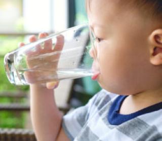 Cute thirsty little Asian 2 years old toddler baby boy child holding and drinking glass of water by himself against green background near home garden