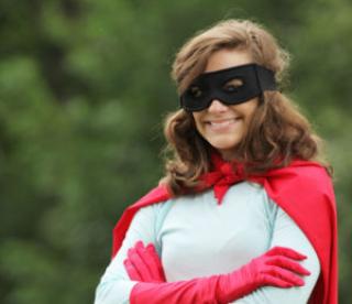 young woman with red super heros kit smiling 